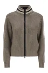 Brunello Cucinelli Cashmere Feather Yarn English Rib Knit Cardigan With Shiny Trims In Grey