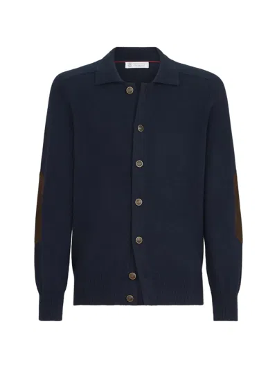 Brunello Cucinelli Cashmere Cardigan With Shirt-style Collar And Buttons In Blue