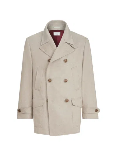 Brunello Cucinelli Cashmere Chevron Flannel Four-pocket Pea Coat In Neutral