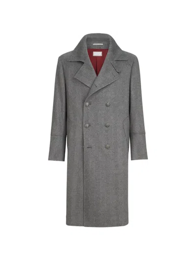 Brunello Cucinelli Cashmere Chevron Flannel One-and-a Half Breasted Coat With Metal Buttons In Gray