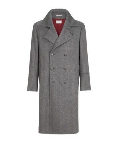 Brunello Cucinelli Cashmere Chevron Flannel One-and-a Half Breasted Coat With Metal Buttons In Animal Print