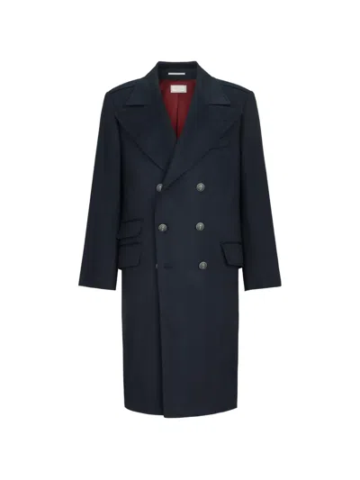 Brunello Cucinelli Cashmere Chevron Flannel One-and-a Half Breasted Coat With Peak Lapels And Metal Buttons In Black