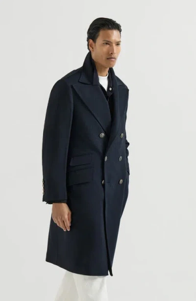 Brunello Cucinelli Cashmere Chevron Flannel One-and-a Half Breasted Coat With Peak Lapels And Metal  In Blue