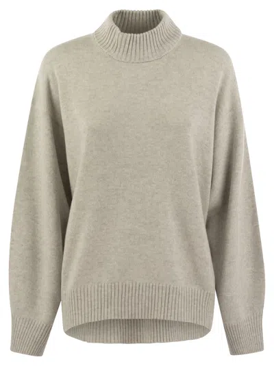 Brunello Cucinelli Cashmere Chimney Neck Sweater With Shiny Cuff Details In Light Grey