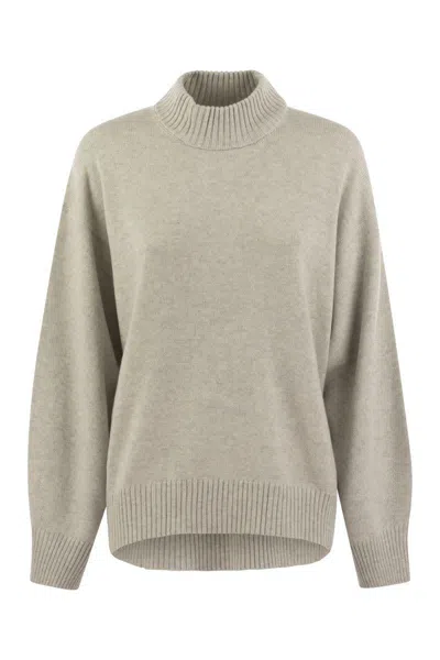 Brunello Cucinelli Cashmere Chimney Neck Sweater With Shiny Cuff Details In Light Grey