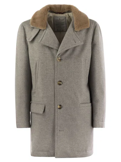 Brunello Cucinelli Cashmere Coat With Shearling Collar In Grey