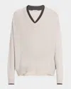 Brunello Cucinelli Cashmere Contrast Stripe V-neck Sweater In Neutral
