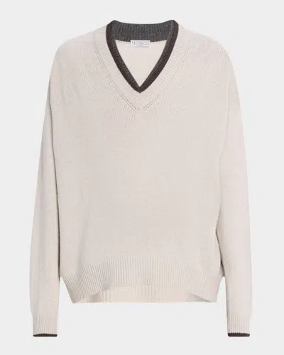 Brunello Cucinelli Cashmere Contrast Stripe V-neck Sweater In Neutral