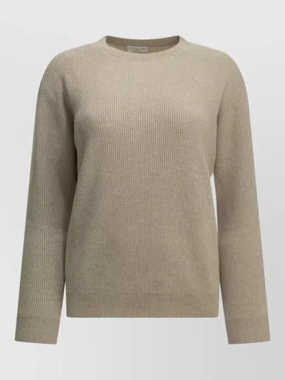 Brunello Cucinelli Cashmere Crew Neck Long Sleeve Sweater In Neutral