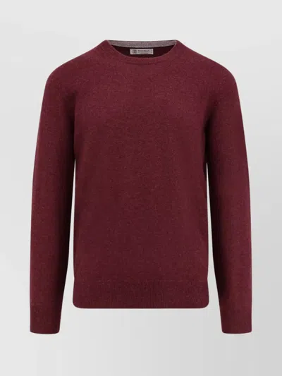 Brunello Cucinelli Cashmere Crew-neck Sweater Ribbed Profiles In Burgundy