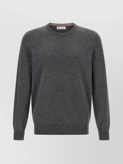 Brunello Cucinelli Cashmere Crew Neck Sweater With Ribbed Cuffs And Hem In Gray
