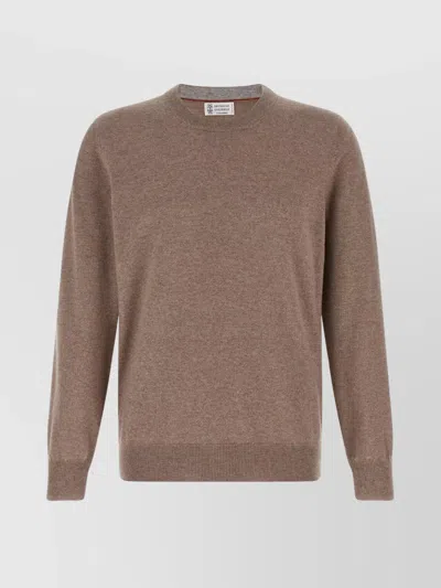 Brunello Cucinelli Cashmere Crew Neck Sweater With Ribbed Cuffs And Hem In Brown