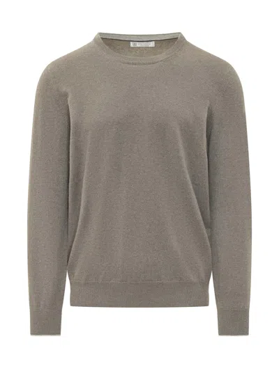 Brunello Cucinelli Cashmere Crew Sweater, Army Washed Knitwear In Gray