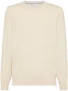 Brunello Cucinelli Lightweight Cashmere Crewneck Sweater With Ribbed Cuffs In Beige