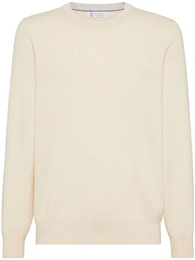 Brunello Cucinelli Lightweight Cashmere Crewneck Sweater With Ribbed Cuffs In Beige