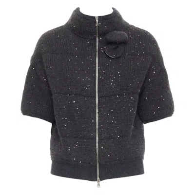 Pre-owned Brunello Cucinelli Cashmere Dark Grey Sequin Padded Crop Cardigan M In Gray