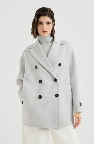 Brunello Cucinelli Cashmere Double Beaver Cloth Pea Coat With Precious Patch In Gray