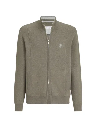 Brunello Cucinelli Cashmere Double Knit Cardigan With Zipper And Logo In Animal Print