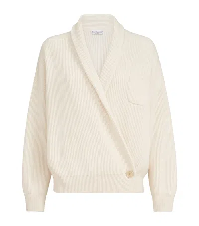 Brunello Cucinelli Cashmere English Rib Asymmetric Cardigan In Neutral
