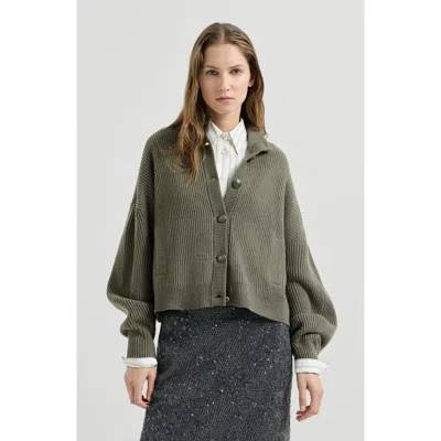 Brunello Cucinelli Cashmere English Rib Cardigan With Monili In Green