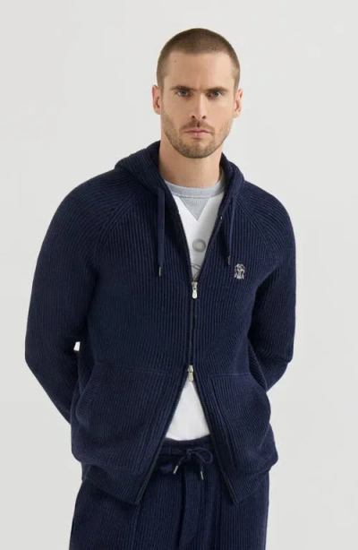 Brunello Cucinelli Cashmere English Rib Hooded Knit Sweatshirt With Logo And Zipper In Blue