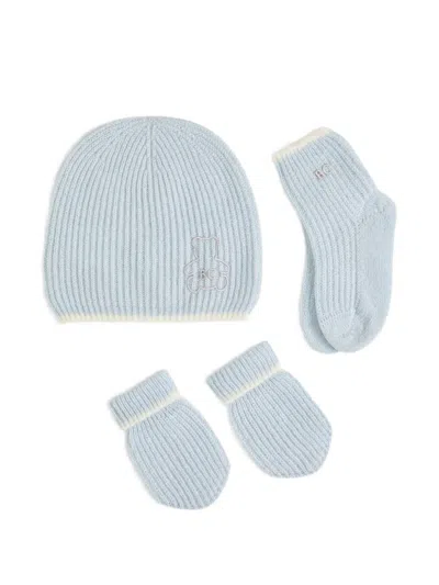 Brunello Cucinelli Cashmere English Rib Knit Baby Bernie Beanie, Gloves And Socks Set In Blue