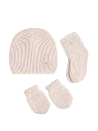 Brunello Cucinelli Cashmere English Rib Knit Baby Bernie Beanie, Gloves And Socks Set In Pink