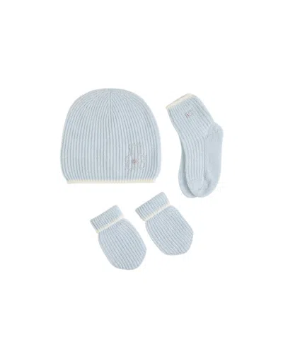 Brunello Cucinelli Cashmere English Rib Knit Baby Bernie Beanie, Gloves And Socks Set In Blue