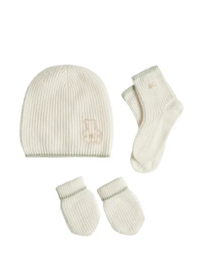 Brunello Cucinelli Cashmere English Rib-knit Baby Bernie Beanie, Gloves And Socks Set In White