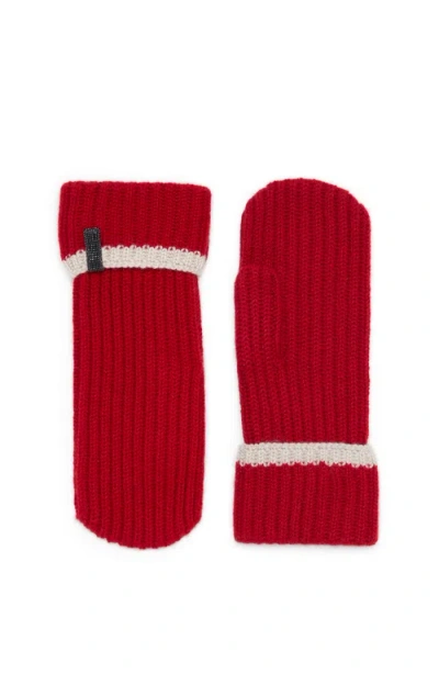 Brunello Cucinelli Cashmere English Rib Knit Mittens With Monili In Red