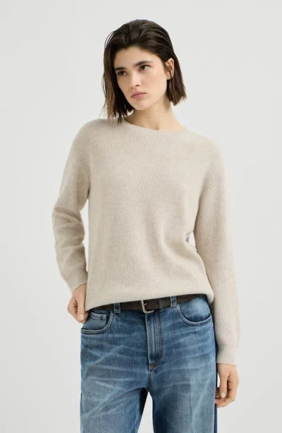 Brunello Cucinelli Cashmere English Rib Sweater With Monili In Neutral
