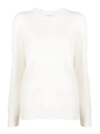 Brunello Cucinelli Cashmere English Rib Sweater With Monili In White