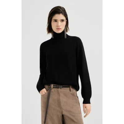 Brunello Cucinelli Cashmere English Rib Turtleneck Sweater With Monili In Black