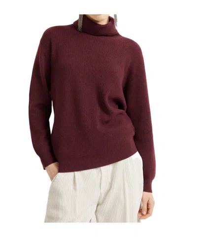 Brunello Cucinelli Cashmere English Rib Turtleneck Sweater With Monili In Brown