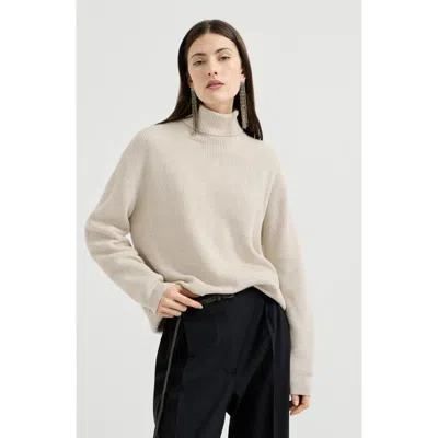 Brunello Cucinelli Cashmere English Rib Turtleneck Sweater With Monili In Neutral