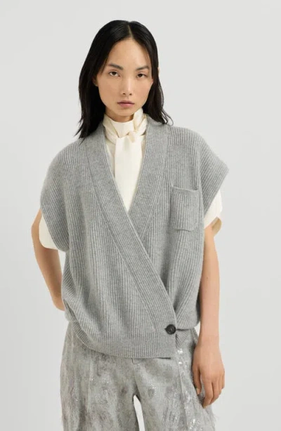 Brunello Cucinelli Cashmere English Rib Wrap Cardigan In Gray