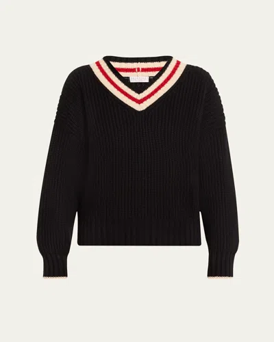 Brunello Cucinelli Cashmere English Ribbed Sweater With Varsity Stripes In Cwk68 Black