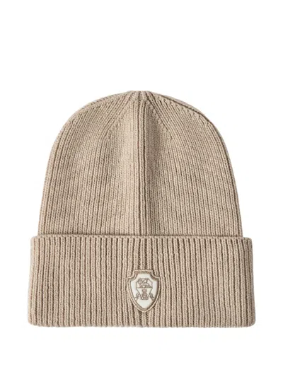 Brunello Cucinelli Cashmere English Rib-knit Beanie With Patch-logo In Brown