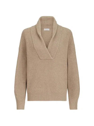Brunello Cucinelli Cashmere English-rib Sweater With Monili In Neutral