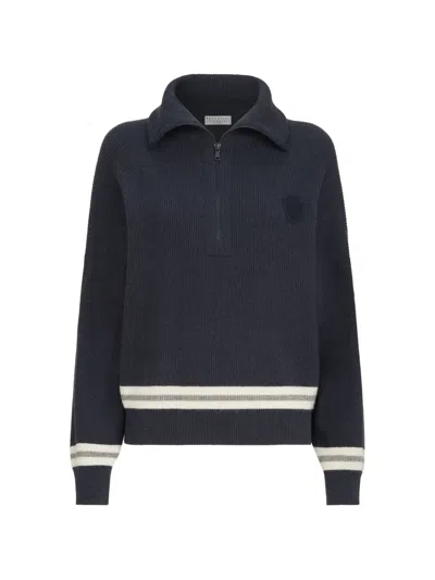 Brunello Cucinelli Cashmere English-rib Turtleneck Sweater With Half-zip And Logo In Blue