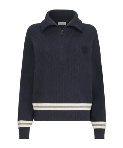 Brunello Cucinelli Cashmere English-rib Turtleneck Sweater With Half-zip And Logo In Black
