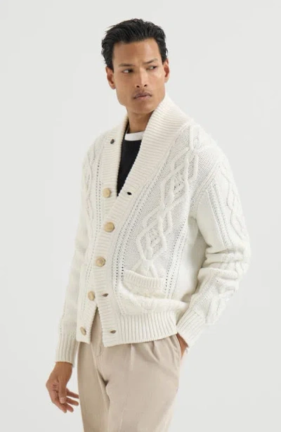 Brunello Cucinelli Cashmere Feather Yarn Cable Knit Cardigan With Metal Buttons In Panama