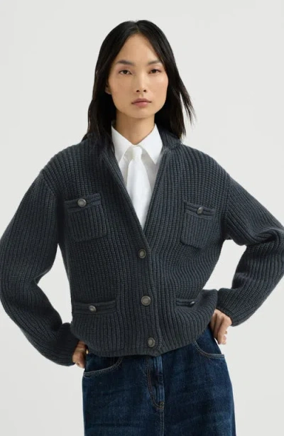 Brunello Cucinelli Cashmere Feather Yarn English Rib Cardigan In Blue