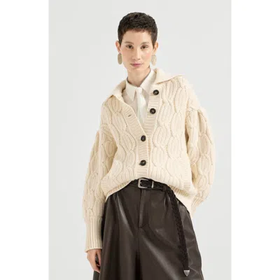 Brunello Cucinelli Cashmere Feather Yarn Heritage Cable Cardigan In Neutral