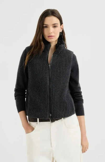 Brunello Cucinelli Cashmere Feather Yarn Reversible Knit Down Vest With Monili In Black