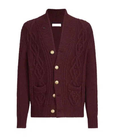 Brunello Cucinelli Cashmere Feather-yarn Cable-knit Cardigan With Metal Buttons In Burgundy