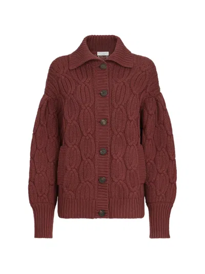 Brunello Cucinelli Cashmere Feather Yarn Heritage Cable Cardigan In Burgundy