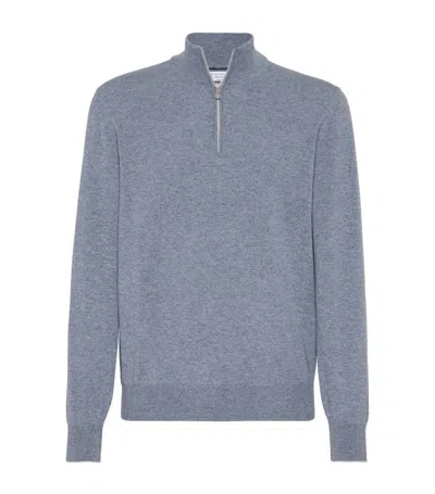 Brunello Cucinelli Men's Cashmere Quarter-zip Sweater In Light Blue Denim