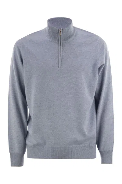 Brunello Cucinelli Men High-necked Cashmere Sweater With Zip Opening In Blue