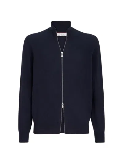 Brunello Cucinelli Cashmere High-neck Cardigan With Zipper In Blue